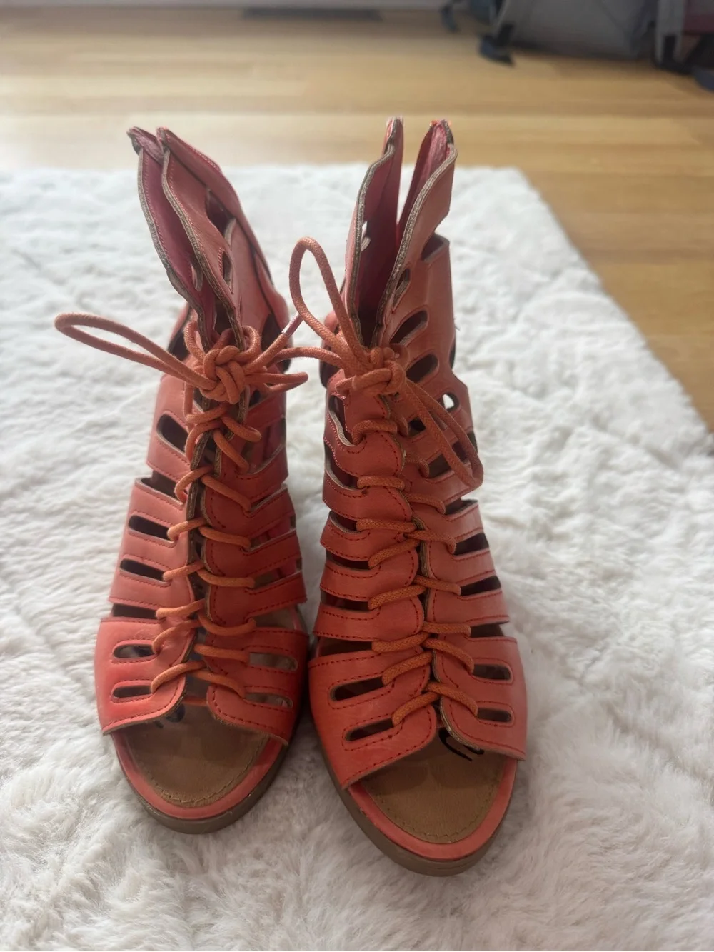 Rampage Orange Lace-Up Cutout Block Heel Sandals